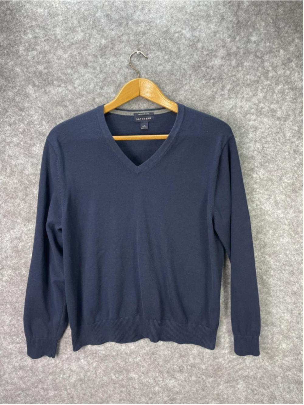 Lands' End Sweater Mens Large Blue Supima Cotton V Neck Knit Pullover Classic